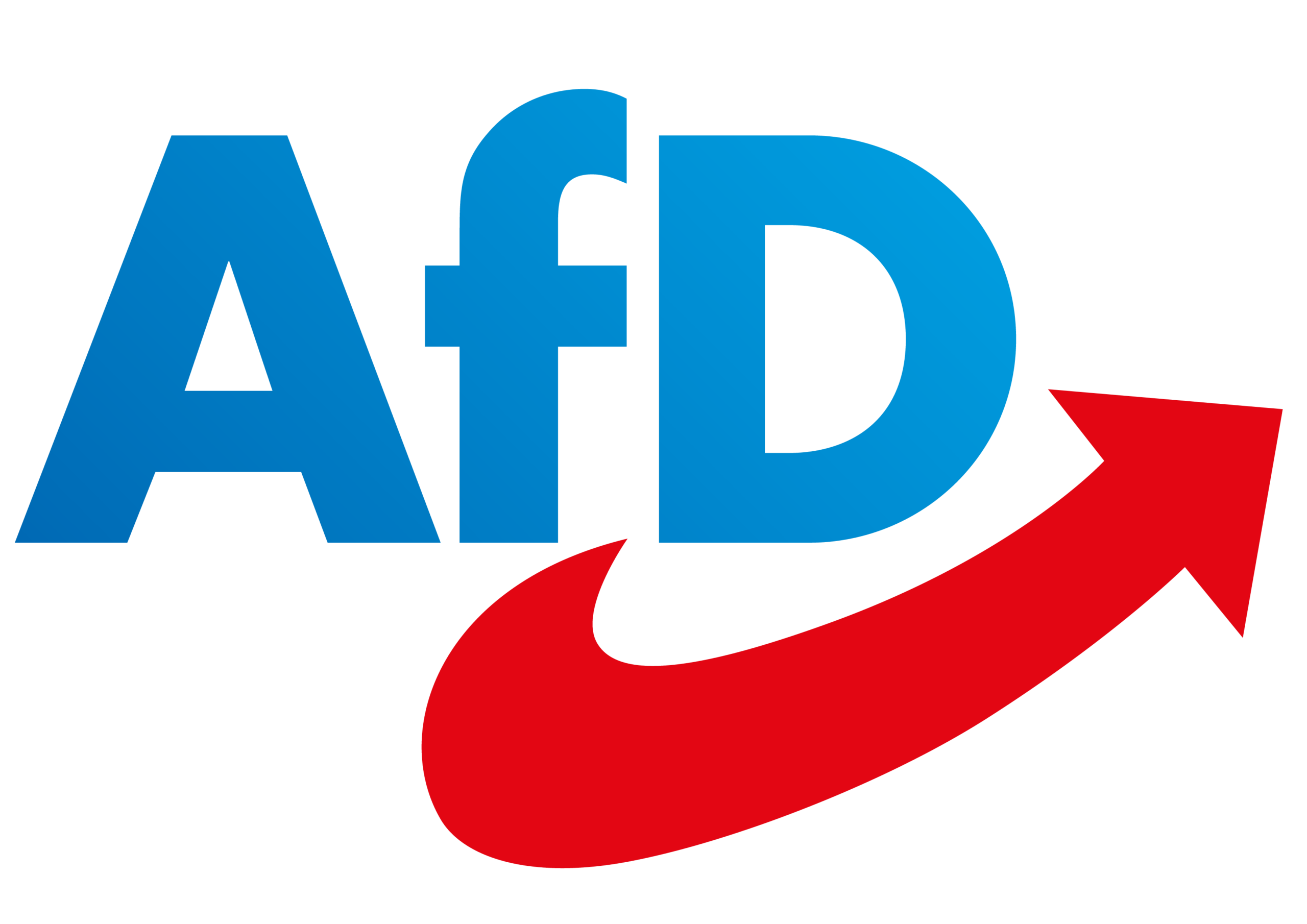 Blauer Schriftzug „AfD“ mit einem roten, geschwungenen Pfeil darunter, der nach rechts oben zeigt.