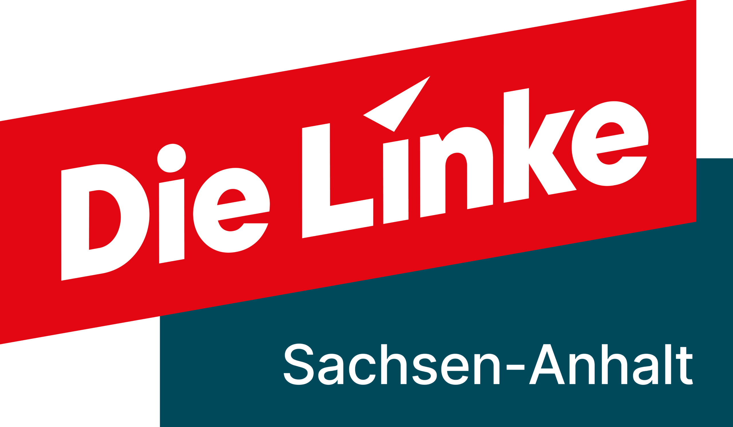 Weißer Schriftzug „Die Linke“ auf einem schrägen roten Balken, darunter auf dunkelblaugrünem Hintergrund der Schriftzug „Sachsen-Anhalt“.