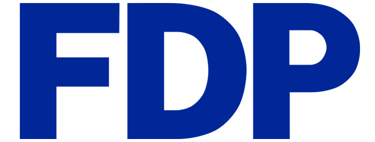 Blauer Schriftzug „FDP“ auf hellem Hintergrund.