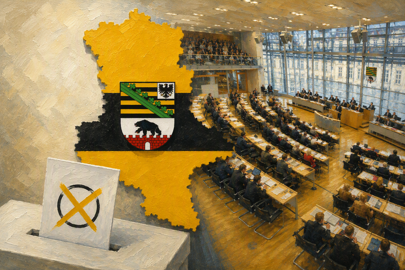 Eine Wahlurne mit markiertem Stimmzettel steht im Vordergrund, dahinter sind die Umrisse Sachsen-Anhalts mit Wappen und ein Sitzungssaal mit zahlreichen besetzten Reihen zu sehen.