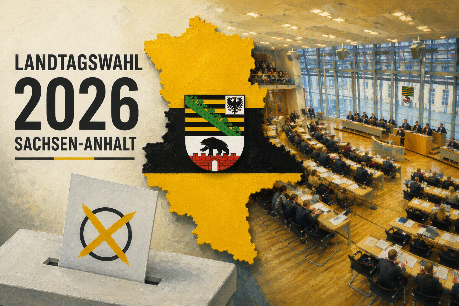 Grafik mit der Aufschrift „Landtagswahl 2026 Sachsen-Anhalt“: Vor einem Parlamentsplenum sind die Umrisse Sachsen-Anhalts mit Wappen sowie eine Wahlurne mit einem angekreuzten Stimmzettel dargestellt.